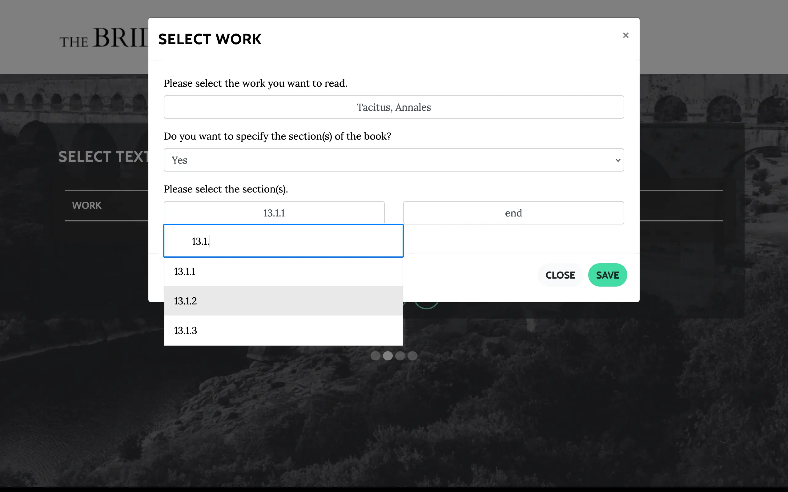 a screenshot of the selections described above, with the start section dropdown menu open